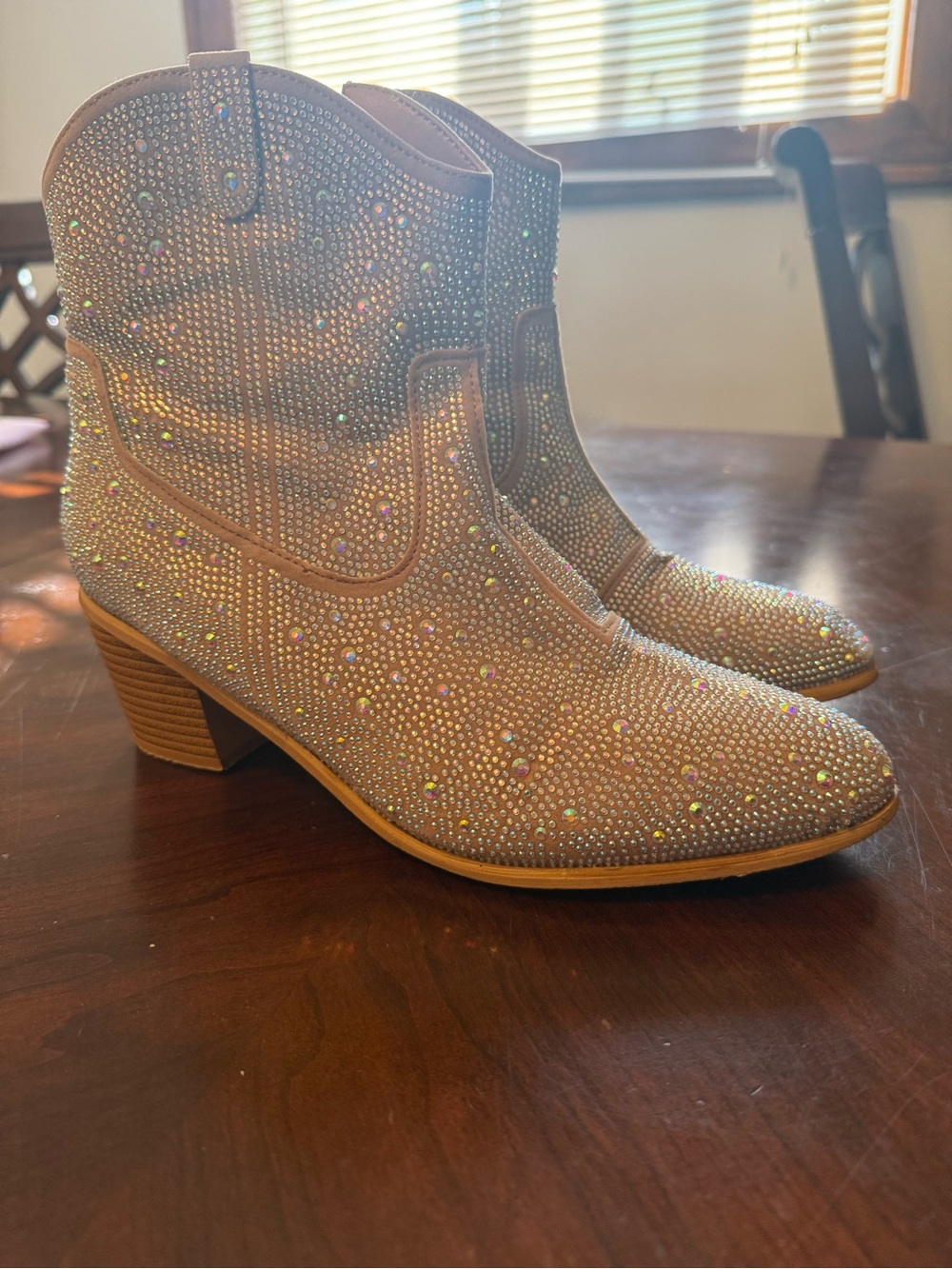 Embellished Tan Rhinestone Western Ankle Boots - Women's